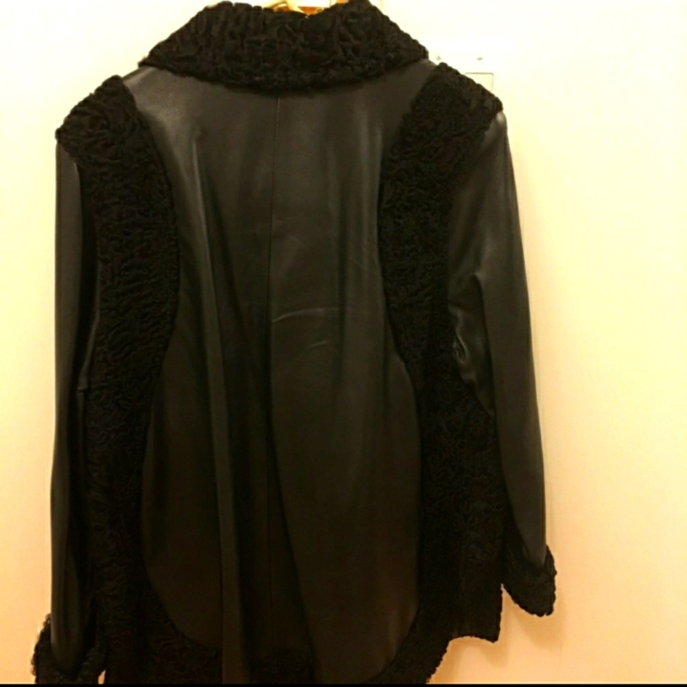 Black lambskin leather fur swing coat L